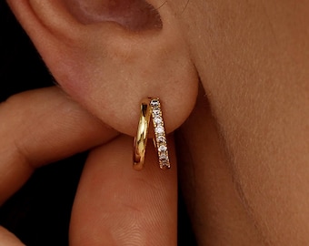 Minimalist Birthstone Huggie Earrings, Dainty Hoop Earrings, Double Hoop Huggie Earrings, Personalized Jewelry, Gold Daily Earrings for her