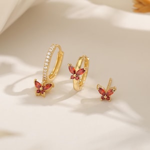 Custom Butterfly Birthstone Earring Set, Gemstone Huggie Hoop Earring, Butterfly CZ Earring, Dainty Jewelry Gift, Christmas Gift for Her