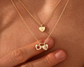 Personalized Family Birthstone Necklace, Heart Charm Letter Necklace, Custom Birthstone Jewelry for Women, Birthday Gift, Mothers Necklace