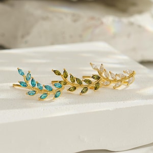 Custom Leaf Climber Birthstone Earrings, Sterling Silver Earring, Olive Branch Climber Earrings, Diamond Earrings, Bridesmaid Gift for Her