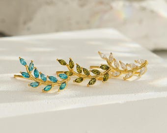 Custom Leaf Climber Birthstone Earrings, Sterling Silver Earring, Olive Branch Climber Earrings, Diamond Earrings, Bridesmaid Gift for Her