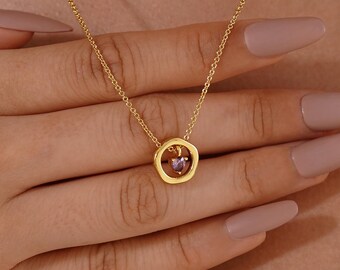 Dainty Birthstone Necklace, Heart Birthstone Jewelry, Circle Pendant Birthstone Necklace, Gift for Her, Bridesmaid Gift, Mother’s Day Gift