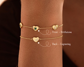 Custom Birthstone Bracelet With Initial, Heart Charm Bracelet, Personalized Family Birthstone Jewelry, Birthday Gift for her, Mom Bracelet