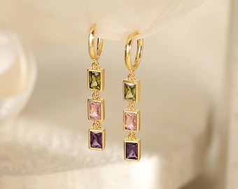 Personalised Birthstone Dangle Earrings, Daily Gemstone Hoop Earrings, Square Birthstone Jewellery, Birthday Gift for Her, Mother's Day Gift