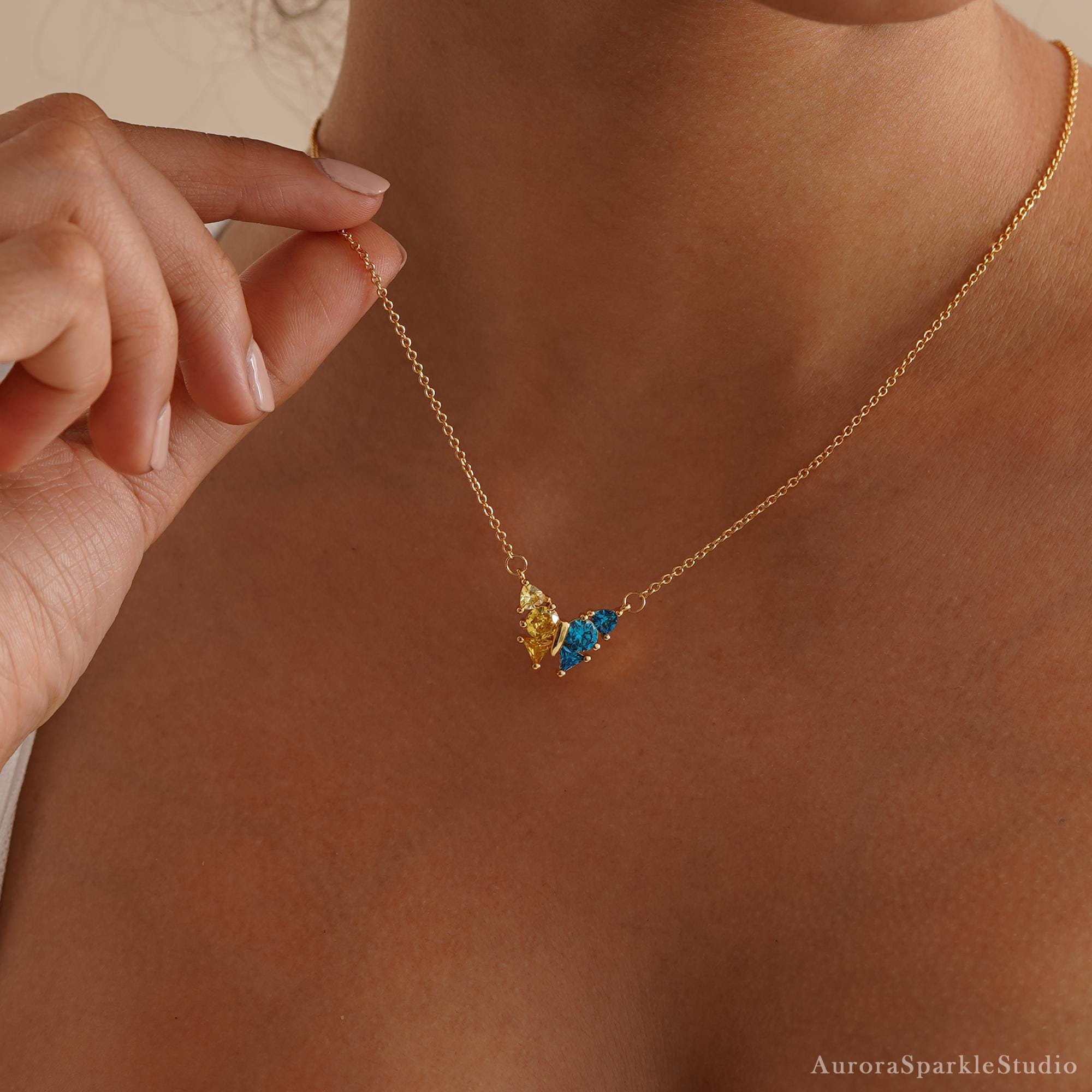 Butterfly Birthstone Necklace, 18K Gold Necklace, Wedding Necklace, Anniversary Gift, Bridal Gift, Grandma Gift, Christmas Gift for Her
