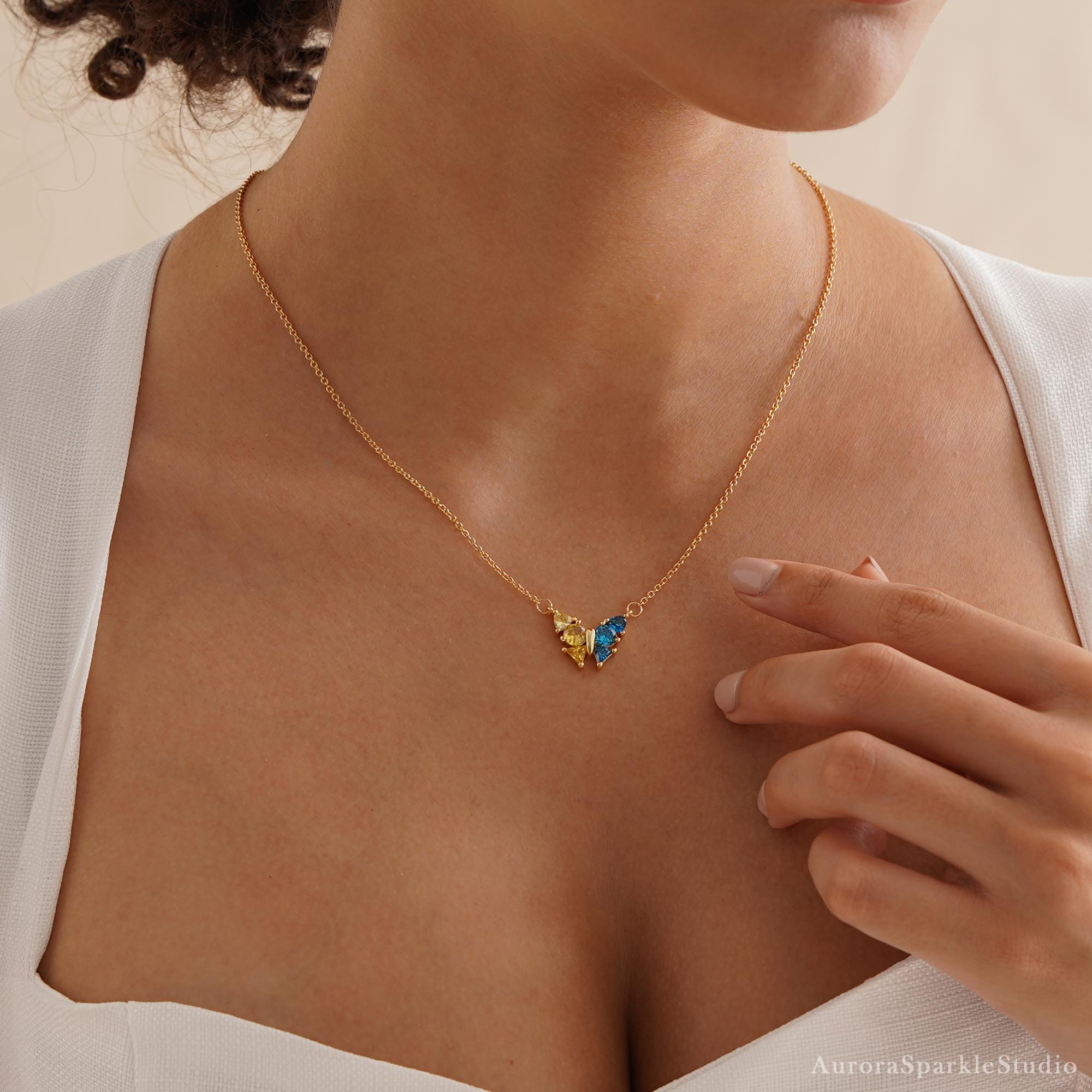 Butterfly Birthstone Necklace, 18K Gold Necklace, Wedding Necklace, Anniversary Gift, Bridal Gift, Grandma Gift, Christmas Gift for Her
