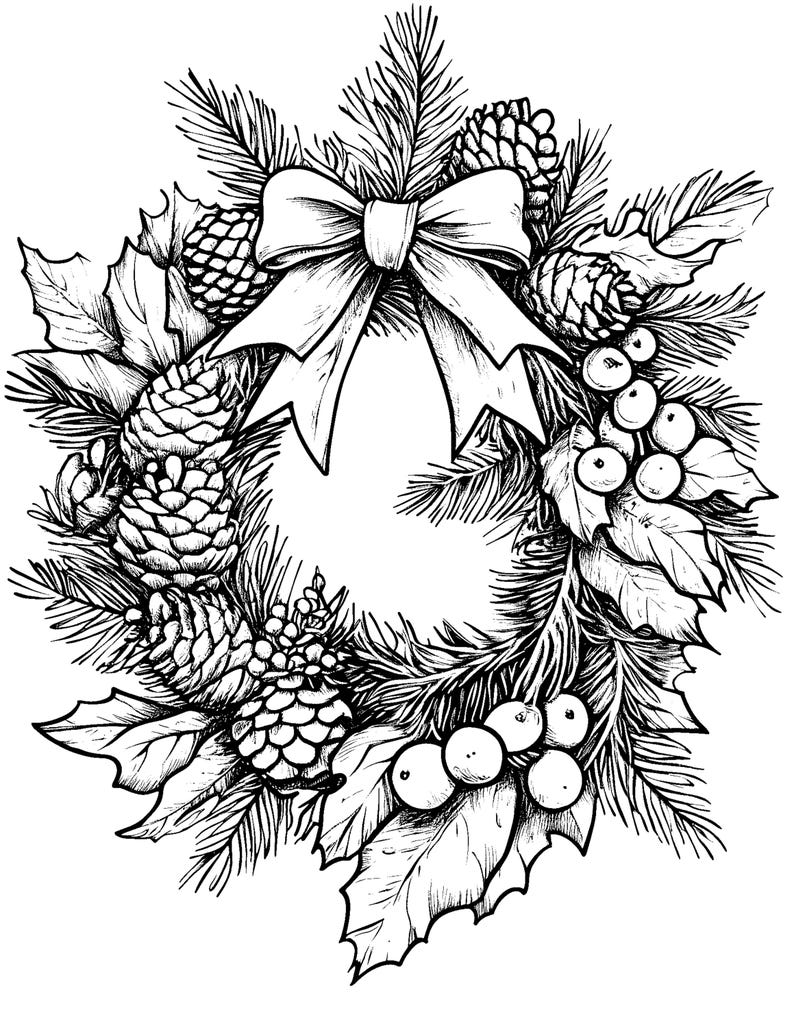 Christmas Wreath Coloring Page Festive Holiday Wreath With Pinecones