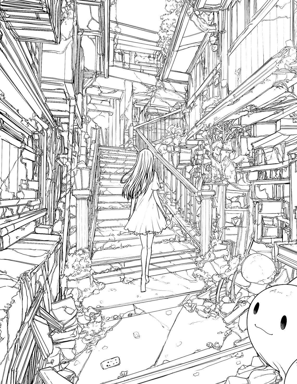 Mysterious Girl in an Abandoned City Fantasy Coloring Page Digital ...