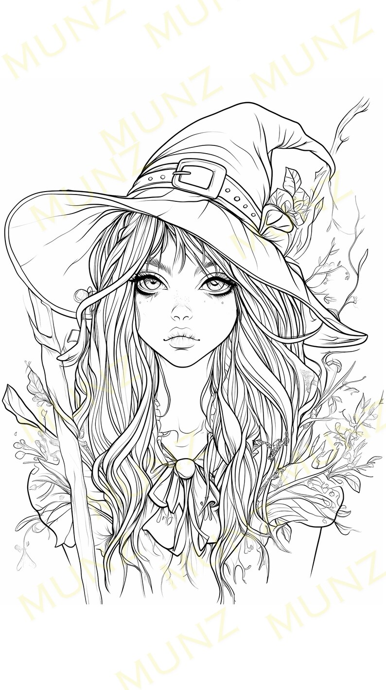 Witch Girl Coloring Page Fantasy Witch Art Magical Witch Portrait