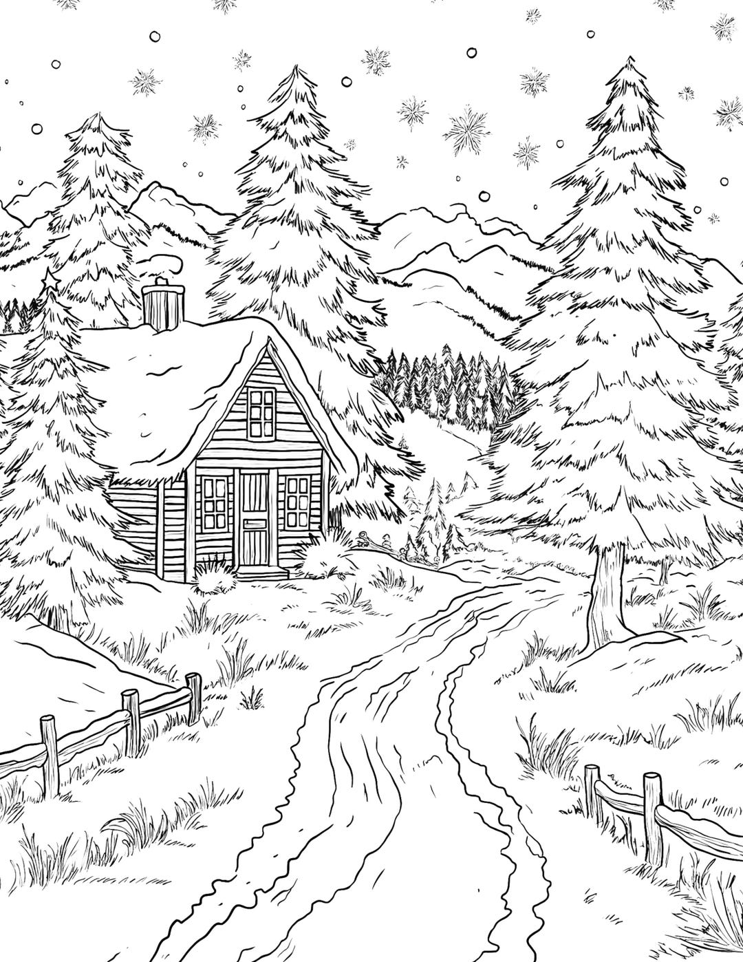 Charming Winter Cabin Coloring Page Scenic Snowy Landscape for ...