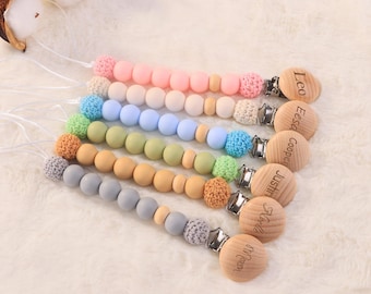 Clip para chupete personalizado, grabado de nombre, regalo para baby shower, regalo especial de bautizo, regalo para padres primerizos, cadena para chupete, estilo bohemio, hecho a mano