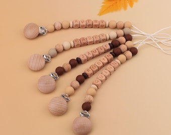 Sujetachupetes personalizado, cadena de madera para chupete, regalo para baby shower, sujetachupetes estilo boho, recuerdo para bebé (niño o niña), hecho a mano