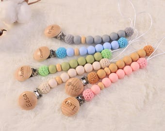 Clip para chupete personalizado, grabado de nombre, regalo para baby shower, regalo especial de bautizo, regalo para padres primerizos, cadena para chupete, estilo bohemio, hecho a mano