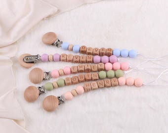 Sujetachupetes personalizado, cadena de madera para chupete, regalo para baby shower, sujetachupetes estilo boho, recuerdo para bebé (niño o niña), hecho a mano