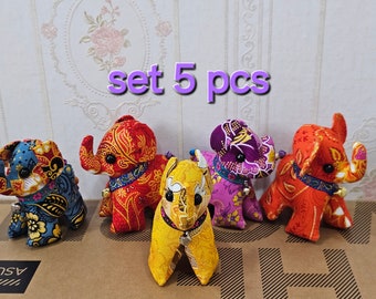 Set of 5 Thai Elephant Dolls  - Authentic Thai Fabric Patterns, Perfect Souvenirs & Gifts