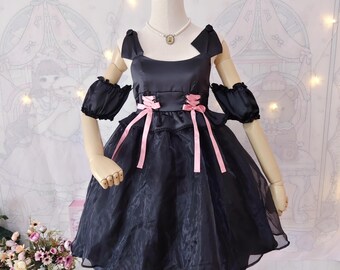 DearMyLove Black Shiny Fabric Dress with Organza Skirt, Pink Ribbon, and Tail - Second-Hand Japanese Fashion