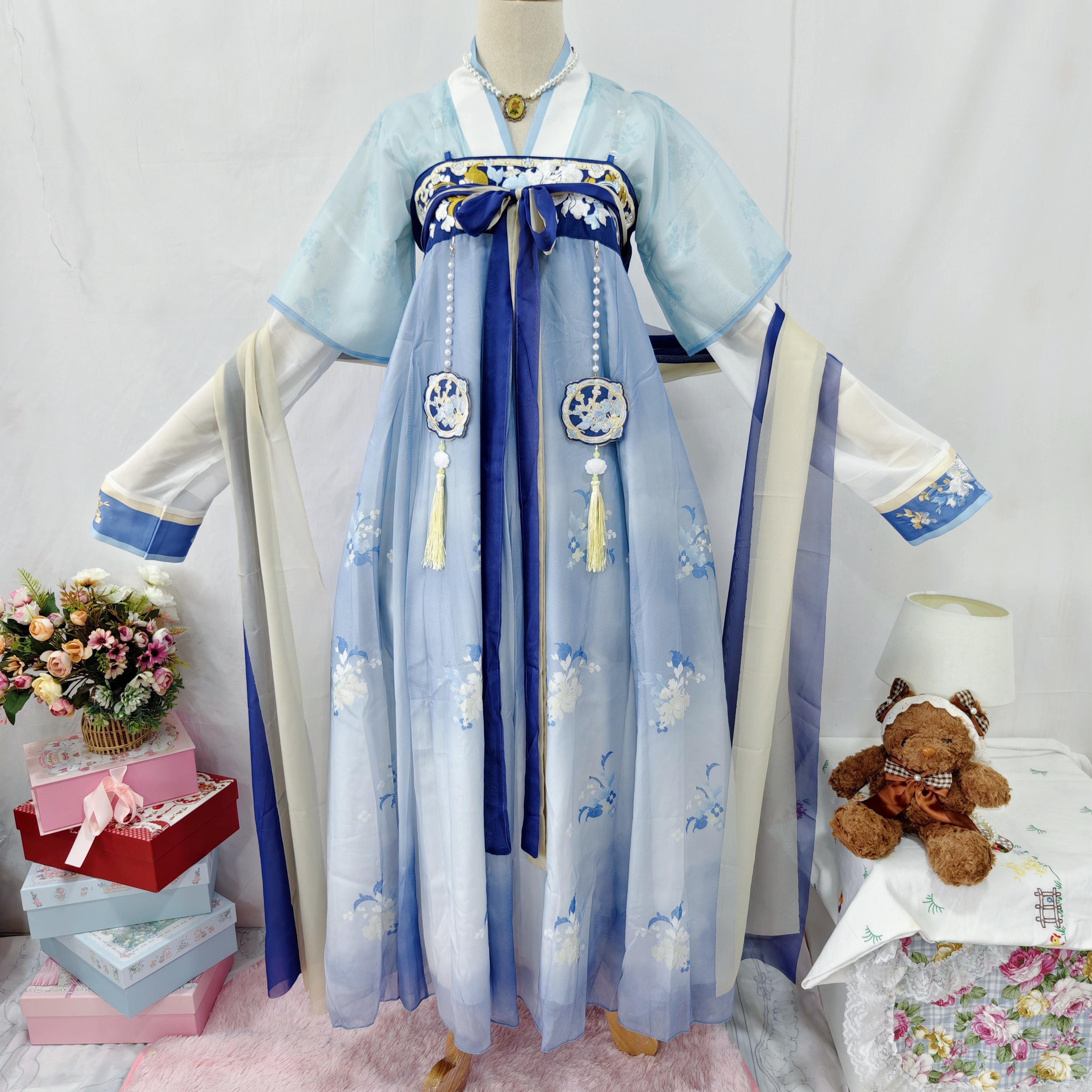 blue hanfu dress Blue Chiffon Lace Long Prom Dress, A-Line Backless Evening Dress Gradu