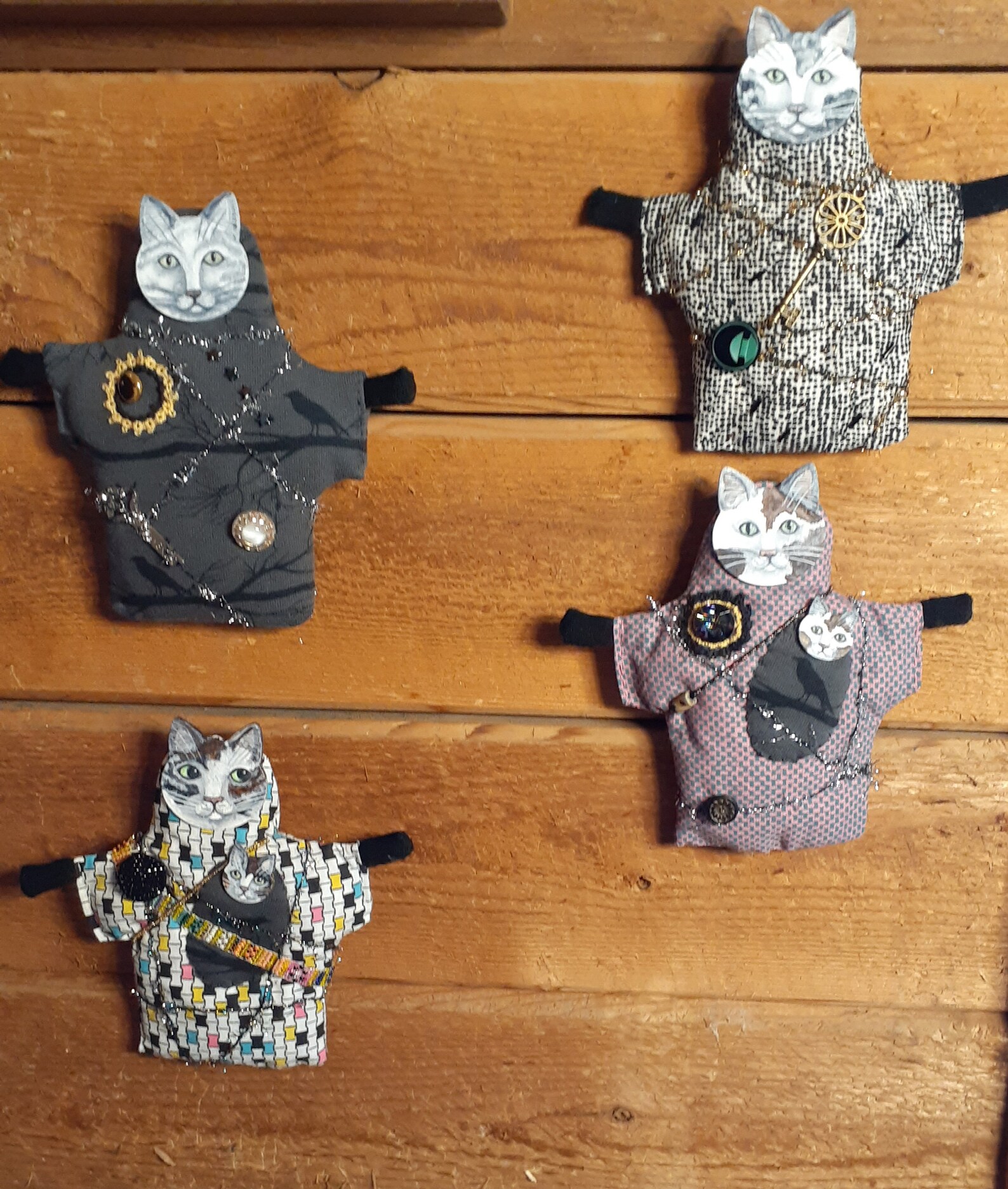 Cat Folk Art Doll / Wall Hanging Hand-stitched Cloth Body Painted Kitty ...