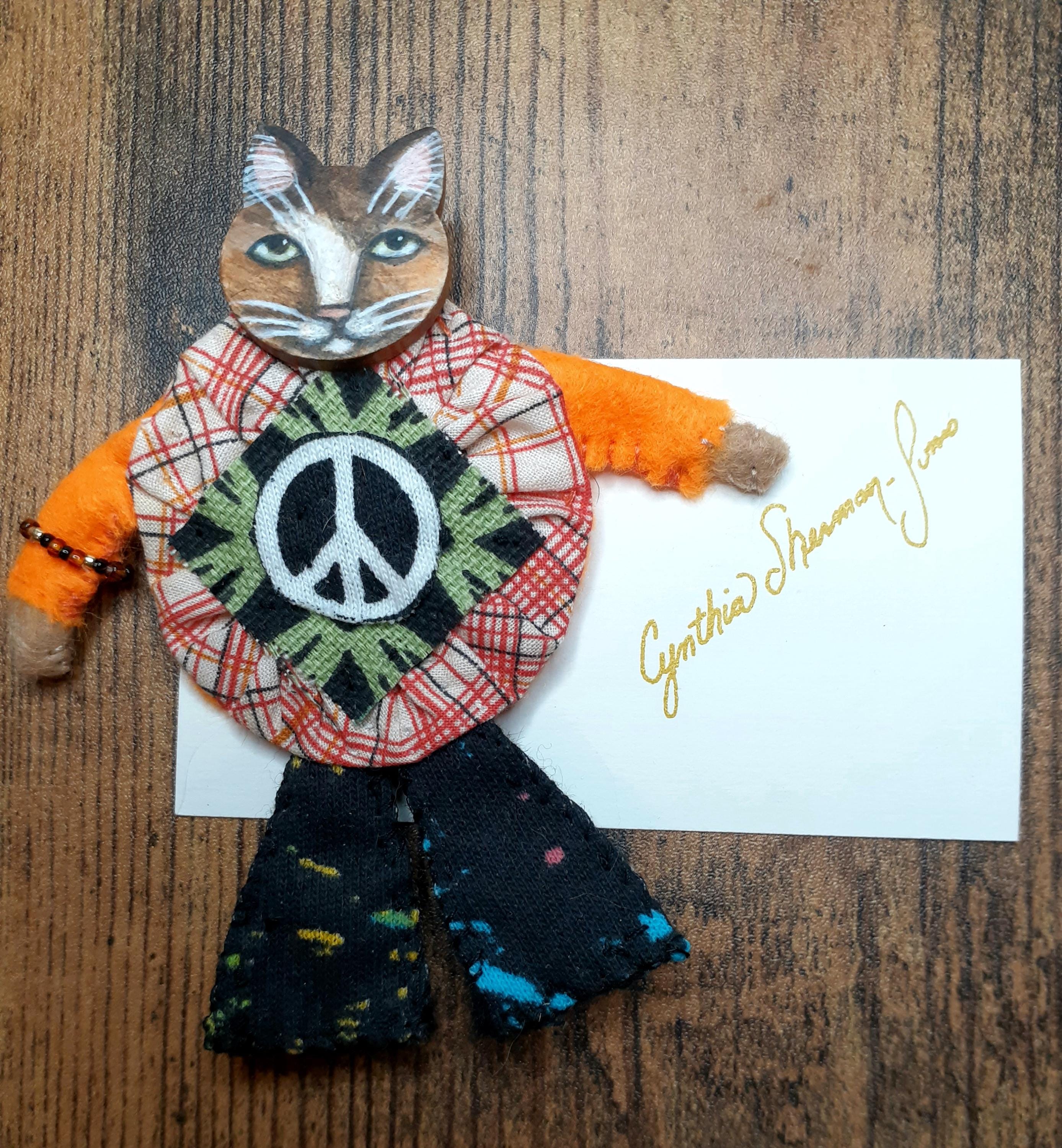 Wearable Folk Art Whimsical Cat Person Doll Brooch Pin - Etsy