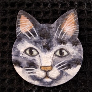 Folk Art Cat Face Brooch Pin Wearable Art Whimsical Cat Jewelry