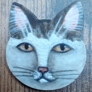 Folk Art Cat Face Brooch Pin Wearable Art Cat Jewelry