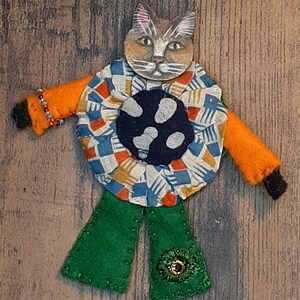 Wearable Folk Art Whimsical Cat Person Doll Brooch Pin