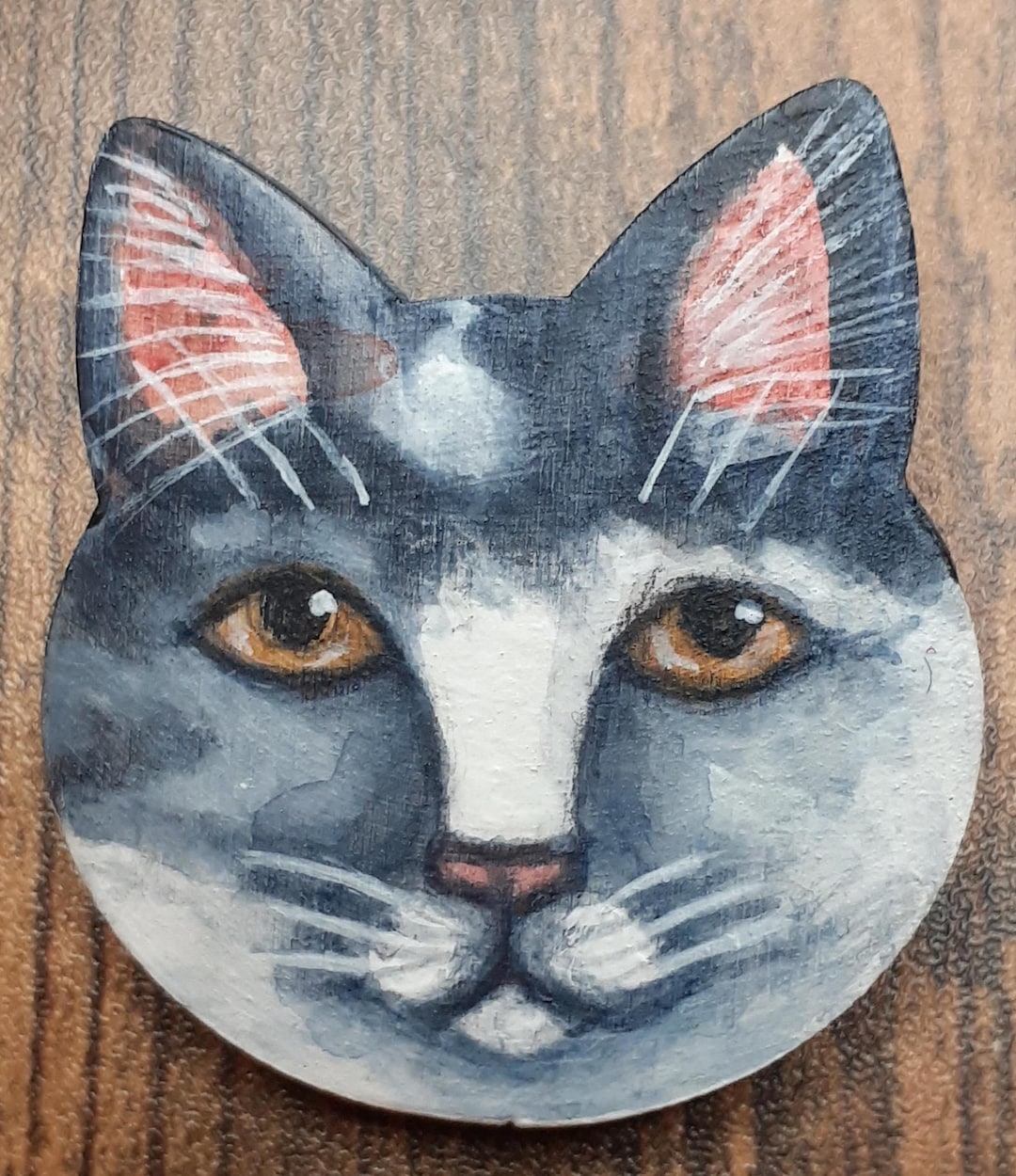 Hand Painted Cat Face Brooch: Folk Art Jewelry - Etsy