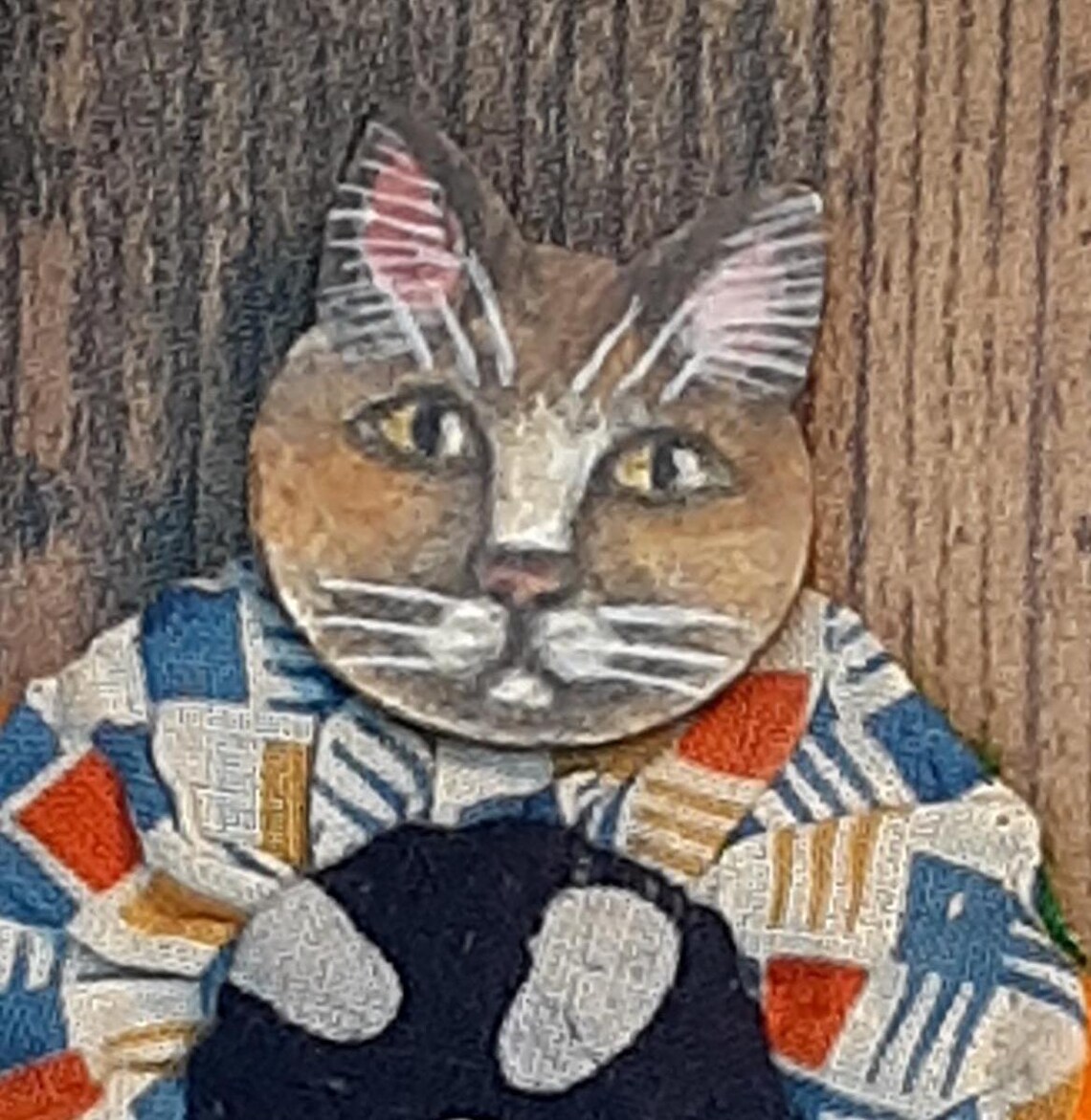 Wearable Folk Art Whimsical Cat Person Doll Brooch Pin - Etsy
