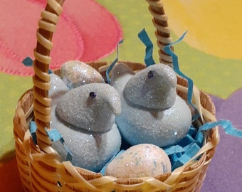 Handmade Clay Easter Basket: Miniature Blue Peeps Chicks & Eggs, Doll Display