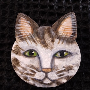 Folk Art Cat Face Brooch Pin Wearable Art Cat Jewelry