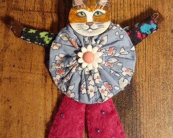 Wearable Folk Art Whimsical Cat Person Doll Brooch Pin - Etsy