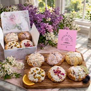 May include: An assortment of artisanal scones, some topped with pistachios, dried flowers, and glaze, presented on a wooden board and in a decorative box. The image includes a pink card with the text "SKONZIES ARTISANAL SCONES".