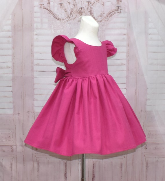 Girl Hot Pink Dress, Vintage Style Dress, Back Bow Dress, Pink Dress,  Flutter Sleeves Dress, Girl Dress , Classic Dress, Flower Girl Dress - Etsy