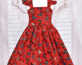 Red Dress, Chicken Dress, Girl Chicken Dress, Farm Dress, Country Dress, Farmyard Dress, Country Party Dress, Farm Girl, Pageant Casual Wear