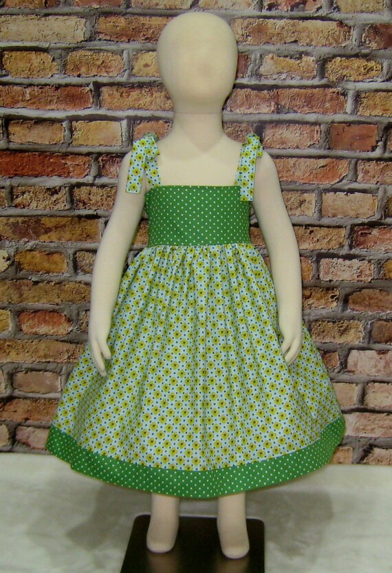 Green Dress, Green and Yellow Dress, Green Polka Dots Dress, Polka Dots  Dress, Yellow Flowers Dress, Green and White Dress, Floral Dress