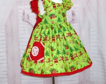 Kerstjurk, groene jurk, jurk met zakken, rode en groene jurk, kerstjurk peuter, rode jurk, wintermeisjesjurk, crème kant