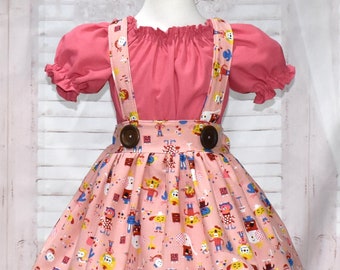 Suspender Skirt, Top and Skirt Outfit, Salmon Top, Ruffle Neck Girl Top, Girl Skirt, Toddler Skirt Set, Back To School Outfit, Casual Outfit