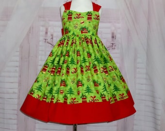 Christmas Dress, Red and Green Dress, Green Dress, Holiday Dress, Red Bow Dress, Green and Red Dress, Toddler Dress, Christmas Tree Dress