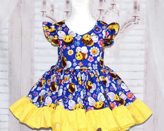 ON SALE Bee Dress, Bumblebee Dress, Yellow polka Dots Dress, Vintage style Dress, Pageant Casual Wear, Royal Blue Dress, Summer Dress