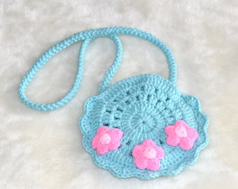Crochet Purse, Girl Purse, Toddle Purse, Little Girl Purse, Aqua Bag, Girl Bag, Toddler Bag, Handmade Purse, Pink Flowers, Handmade Bag.