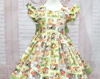 Vintage Style Dress, Teddy Bear Dress, Girl Green Day, Birthday Dress, Flower Girl Dress, Green Bow, Tea Time Dress, Open Back Dress