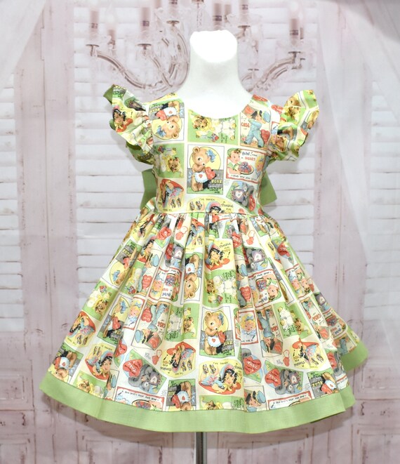 ON SALE Vintage Style Dress, Teddy Bear Dress, Girl Green Day, Birthday  Dress, Flower Girl Dress, Green Bow, Tea Time Dress, Open Back Dress - Etsy