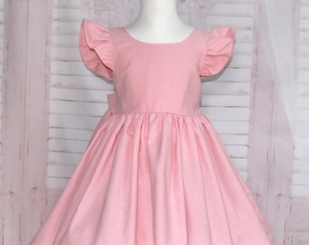 Girl pink dress, Vintage style dress, Back bow dress, Pink dress, Flutter sleeves dress, Girl dress, Classic dress, Flower girl dress