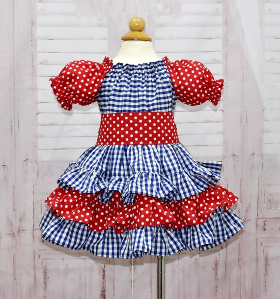 Blue and Red Dress, Blue Gingham Dress, Red Polka Dots Girl Dress, Girl Ruffle Dress, Ruffle Skirt, Patriotic Girl Dress,  Toddler Dress