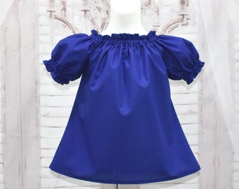 SALE Blue Top, Navy Blue Top, Royal Blue Top, Girl Peasant Top, Girl Blue Blouse, Ruffle Neck Top, Toddle Blue Top, Size 3-4