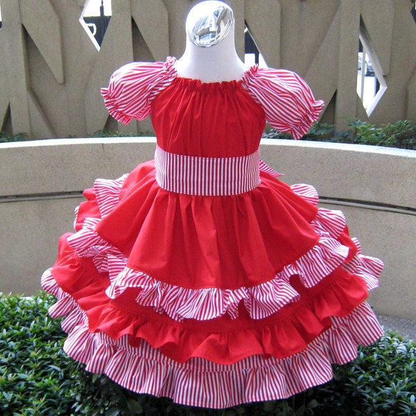 Custom Boutique Triple Ruffles  White And Red Stripes  Peasant Dress