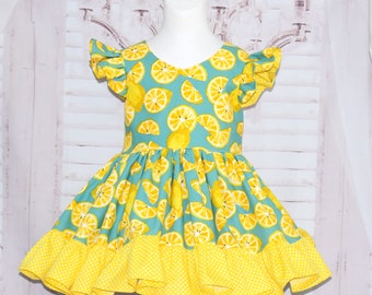 ON SALE Lemon Dress, Green Dress, Polka Dots Dress, Pageant Casual Wear, Vintage Style Dress, Flower Girl Dress, Ruffle Dress, Yellow Dress