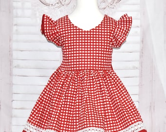 Red Gingham Dress, Girl Red Dress, Open Back Dress, Red Casual Dress, Red and White Dress, Holiday Dress, Party Dress, Flower Girl Dress