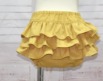 Bloomer de volantes de mostaza, Bloomer para niños pequeños, cubierta de pañal amarillo, floración de recién nacidos, floración de ocre amarillo, cubierta de pañales de mostaza, ropa interior con volantes