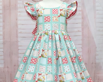 Little Lamb Dress, Vintage Style Dress, Red Gingham Dress,  Flutter Sleeve Dress, Big Bow, Birthday Girl Dress.